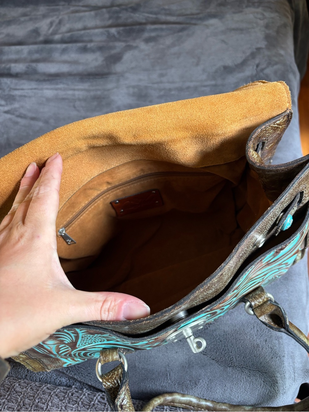 Patricia Nash Italian Leather Vienna Satchel, Tooled Turquoise, Like New Purse - Picture 8 of 16